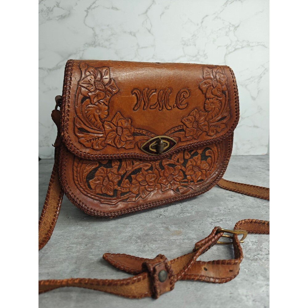 Vintage Tooled Leather Purse Bag Boho Floral Design WMC